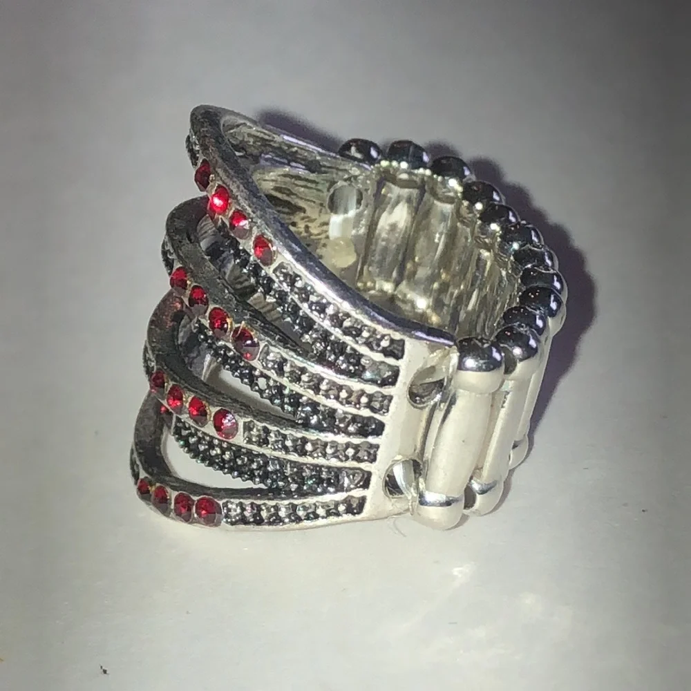 Silver Tone Multi-Row Ring with Red Crystal Accents